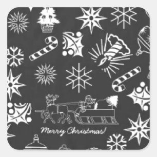 Sticker Carré Joyeux Noël Père Noël Symboles, noir et blanc