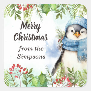 Sticker Carré Joyeux Noël personnalisé du nom Penguin