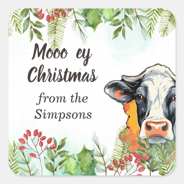 Sticker Carré Joyeux Noël personnalisé du nom vache amusant (Devant)