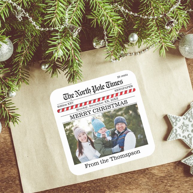 Sticker Carré Joyeux Noël Photo Whimsical Journal Imprimer (Merry Christmas holiday Newspaper photo sticker.)