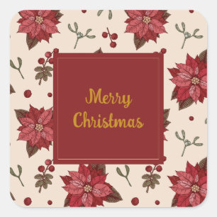 Sticker Carré Joyeux Noël poinsettia design floral élégant