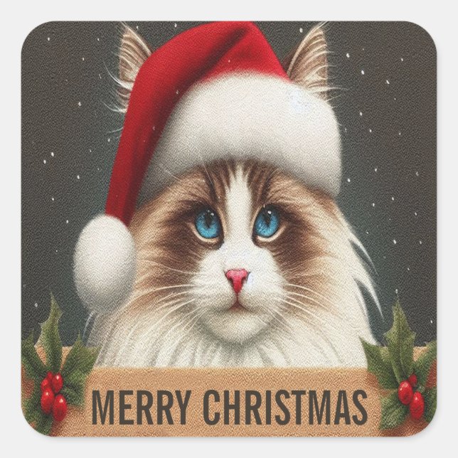 Sticker Carré Joyeux Noël Ragdoll Chat, Xmas Père Noël Ragdoll (Devant)