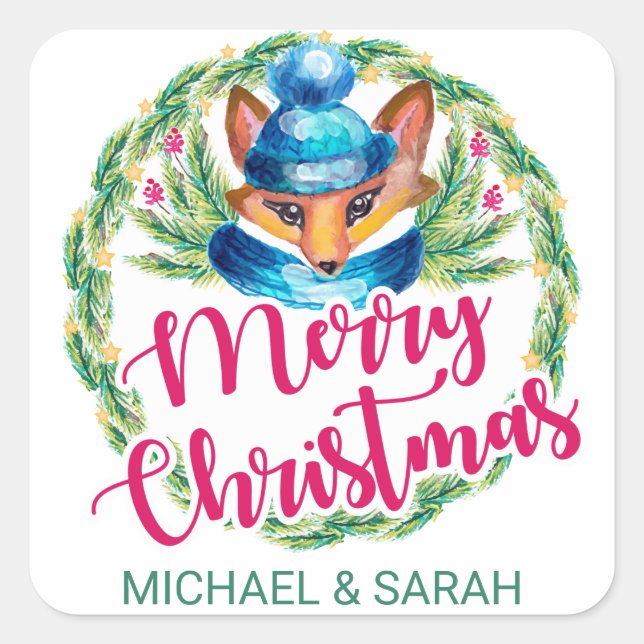 Sticker Carré Joyeux Noël | Renard d'hiver (Devant)