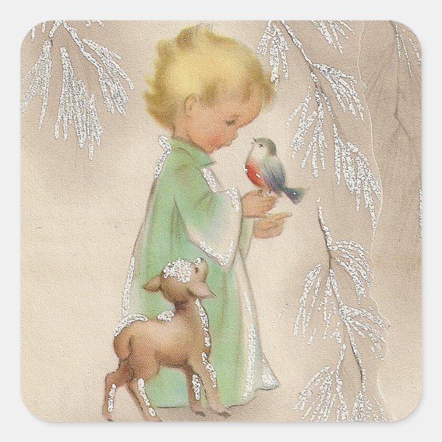 Sticker Carré Joyeux Noël | Retro Enfant d'hiver avec amis (Devant)