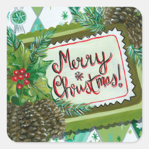 Sticker Carré Joyeux Noël   Retro Holly & Pine Cones