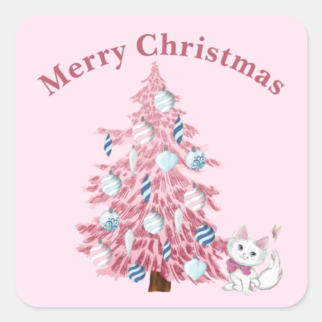 Sticker Carré Joyeux Noël rose mignon Arbre & Kitten (Devant)