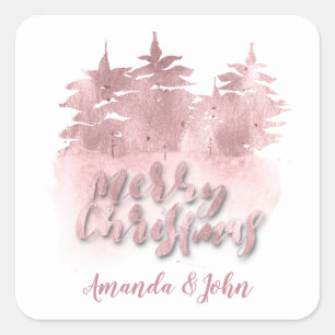 Sticker Carré Joyeux Noël rose Rose Nom Fêtes Blanc