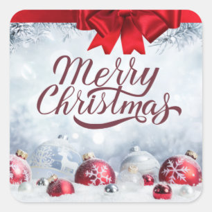 Sticker Carré Joyeux Noël Rouge et Blanc Ornements
