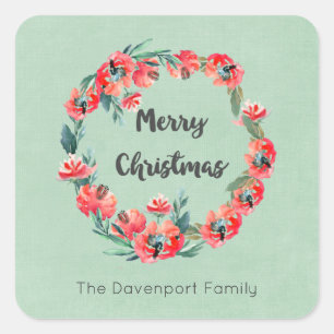 Sticker Carré Joyeux Noël Rouge Floral Vacances Wreath Custom