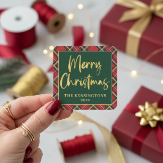 Sticker Carré Joyeux Noël Rouge Plaid Gold