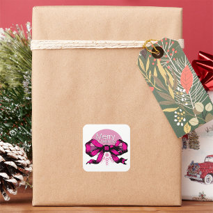 Sticker Carré Joyeux Noël Ruban Rose