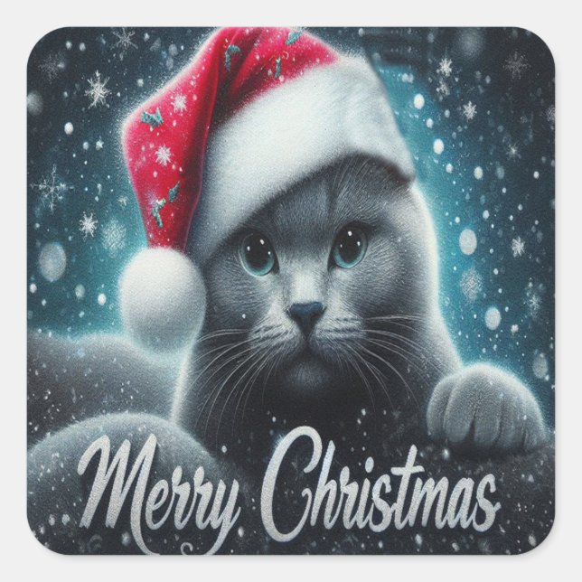 Sticker Carré Joyeux Noël Russe bleu Chat, Noël Père Noël Chat (Devant)