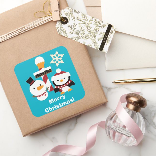 Sticker Carré Joyeux Noël Snowman Penguin (Cadeaux)