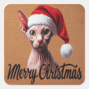 Sticker Carré Joyeux Noël Sphynx Chat, Xmas Père Noël Sphynx