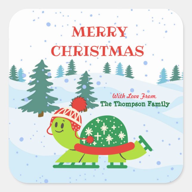 Sticker Carré Joyeux Noël Turtle Patinage sur glace en hiver (Devant)