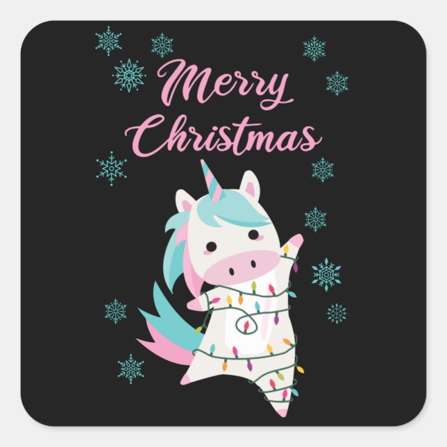 Sticker Carré Joyeux Noël Unicorne neige magique (Devant)