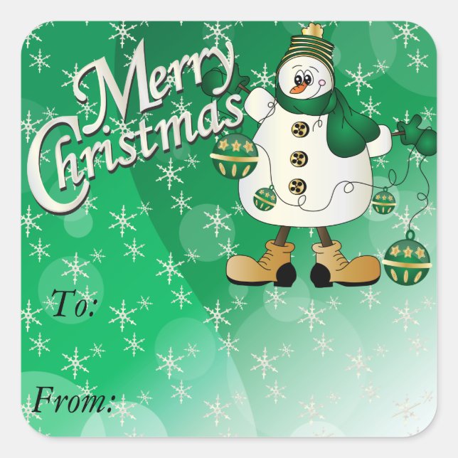 Sticker Carré Joyeux Noël vert ornement Snowman (Devant)