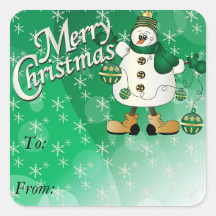 Sticker Carré Joyeux Noël vert ornement Snowman