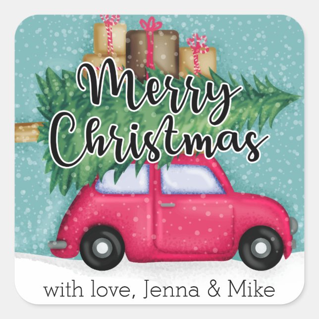 Sticker Carré Joyeux Noël | Voiture à neige en hiver (Devant)