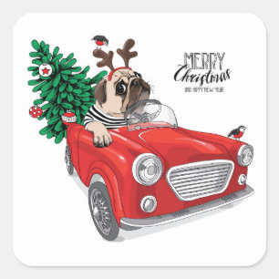 Sticker Carré Joyeux Noël   Voiture Vintage Conduite Carlin