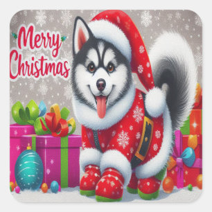 Sticker Carré Joyeux Noël Whimsical Siberian Husky Chien Xmas