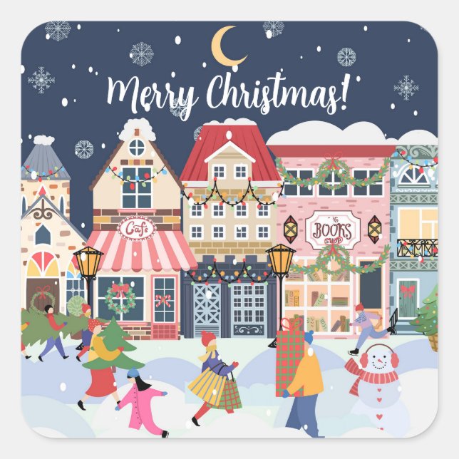 Sticker Carré Joyeux Noël Whimsy Winter Town Personnaliser (Devant)