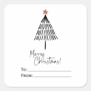 Sticker Carré Joyeux Noir Blanc Arbre de Noël Tiré main