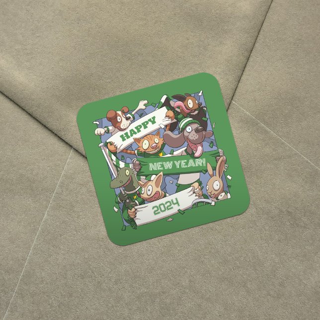 Sticker Carré Joyeux Nouvel An Drôle Animaux Fans Écarf Cartoon (Créateur téléchargé)