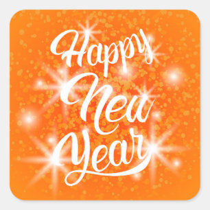 Sticker Carré Joyeux Nouvel An Orange Watercolor Splatter