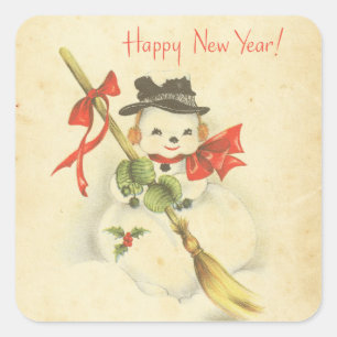 Sticker Carré Joyeux Nouvel An Vintage Snowman Red Bow Holly Bro