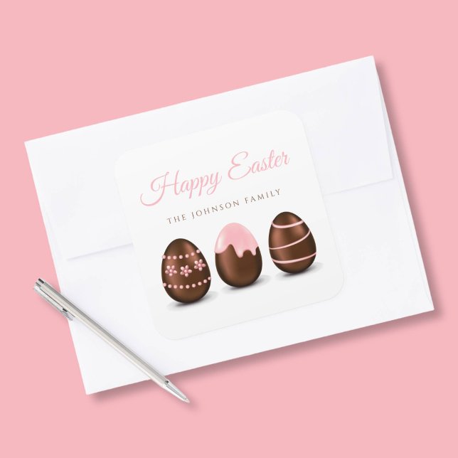 Sticker Carré Joyeux oeufs au chocolat de Pâques (Cute Chocolate Eggs Happy Easter Square Sticker)