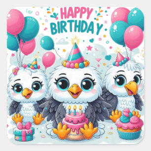Sticker Carré Joyeux Oiseaux d'anniversaire