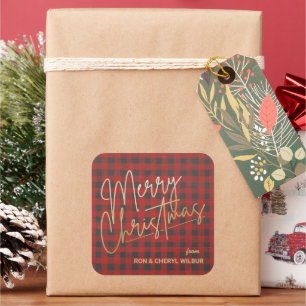 Sticker Carré Joyeux or Noël Rouge Buffle Plaid