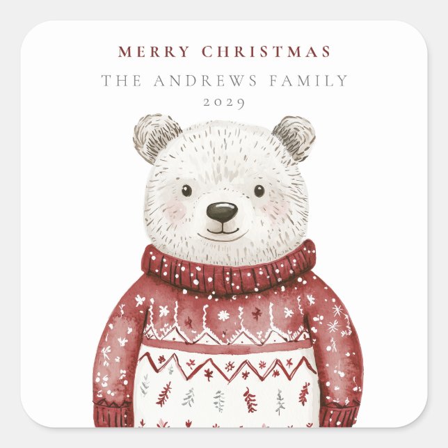 Sticker Carré Joyeux Ours de Noël dans un pull (Devant)