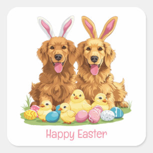 Sticker Carré Joyeux Pâques Golden Retriever Chiens Bunny Ears