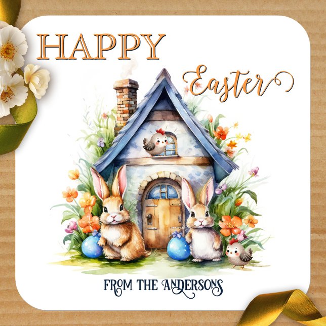 Sticker Carré Joyeux Pâques mignonette Printemps Aquarelle Bunny (Happy Easter sticker featuring a cute spring watercolor painting with bunnies and birds)