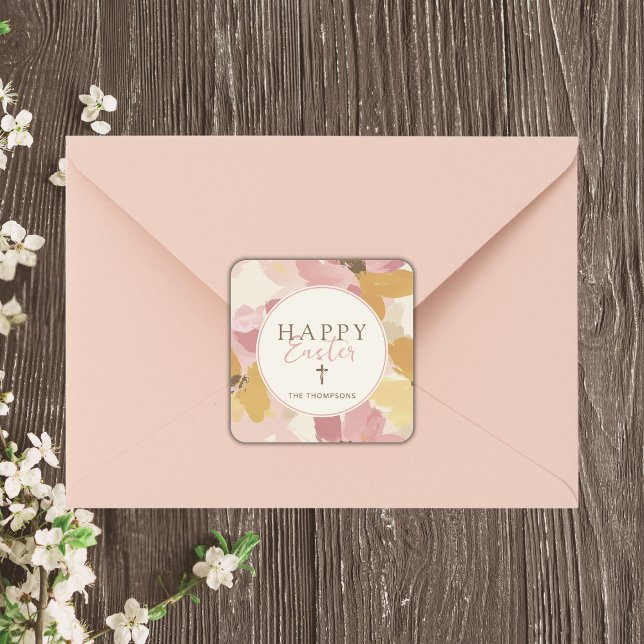 Sticker Carré Joyeux Pâques Religieux Moderne Rose Floral (Créateur téléchargé)