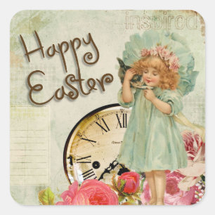 Sticker Carré Joyeux Pâques Vintage petite fille Horloge fleurie