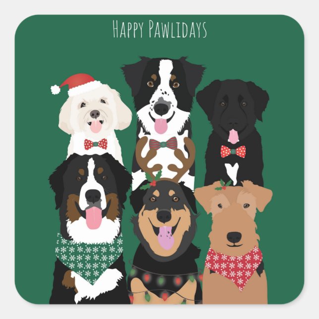 Sticker Carré Joyeux Pawlidays de mignons chiens de Noël (Devant)