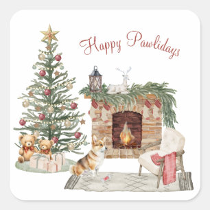 Sticker Carré Joyeux Pawlidays Design de Chien - Corgi