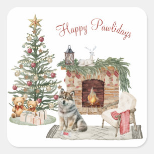 Sticker Carré Joyeux Pawlidays Design de Chien - Husky
