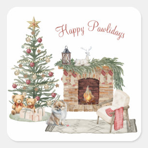 Sticker Carré Joyeux Pawlidays Design de Chien - Pomeranian