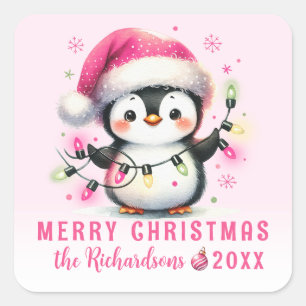 Sticker Carré Joyeux pingouin mignon de Noël avec lumières rose
