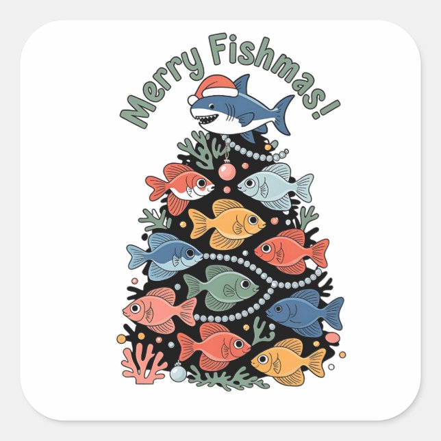 Sticker Carré Joyeux Poissons de Noël Poisson Drôle Pêche (Devant)