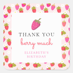Sticker Carré Joyeux Premier Anniversaire Doux Fraise Fille Mign