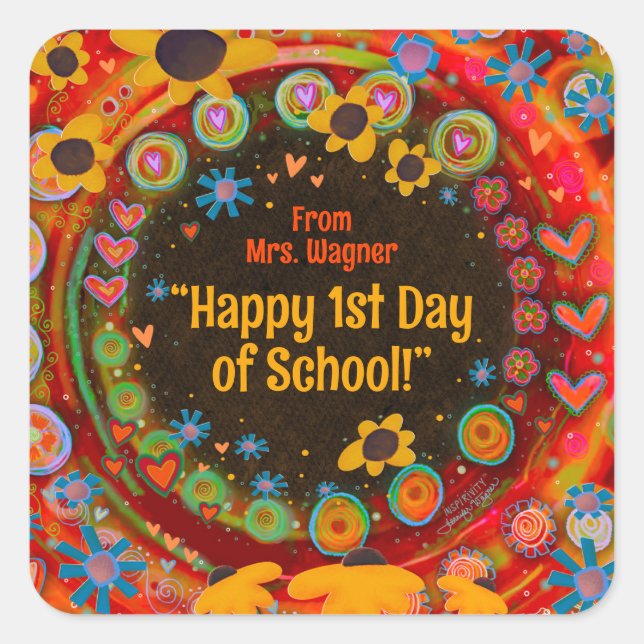Sticker Carré Joyeux premier jour de l'école Professeur personna (Devant)