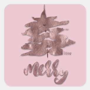 Sticker Carré Joyeux Rose Gold Mauve Christmas Tree Metal Cuivre