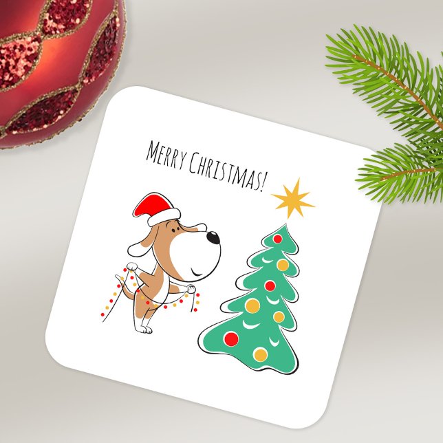 Sticker Carré Joyeux sapin de Noël mignon Chien Chien Chien Sant (Créateur téléchargé)