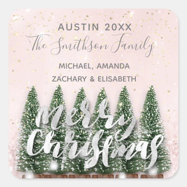 Sticker Carré Joyeux sapin de Noël Or rose lumières d'hiver neig (Devant)