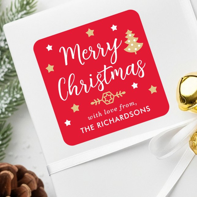 Sticker Carré Joyeux sapin de Noël Personnalisé Nom de famille R (Créateur téléchargé)
